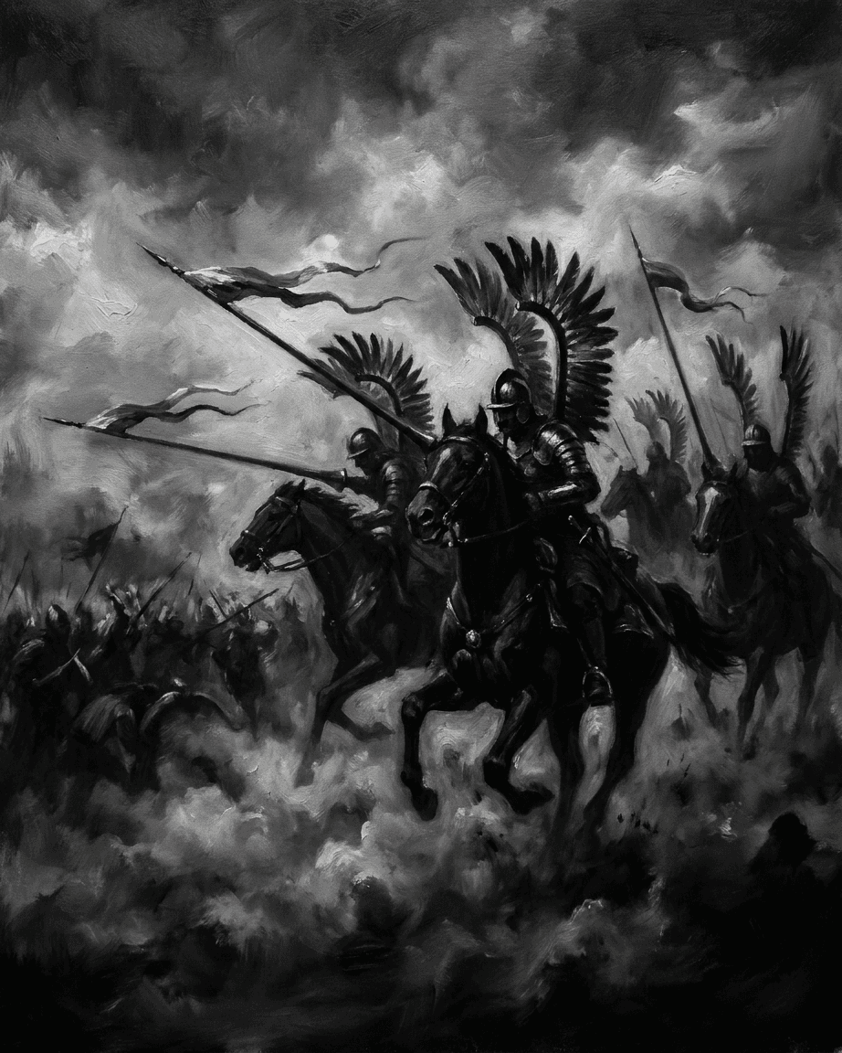 Polish Winged Hussars cavalry charging into battle